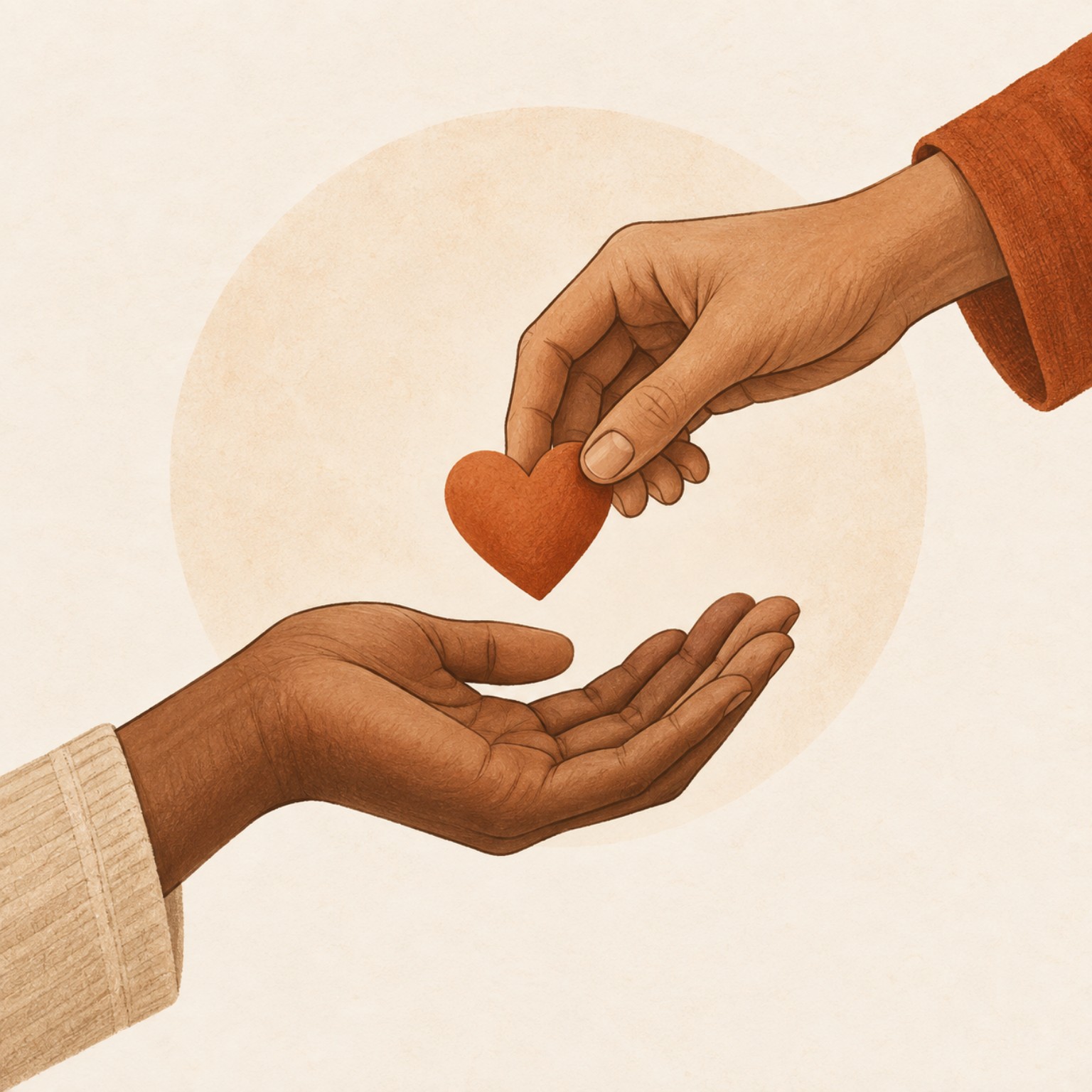 Dos manos compartiendo un corazón, símbolo de solidaridad y acompañamiento