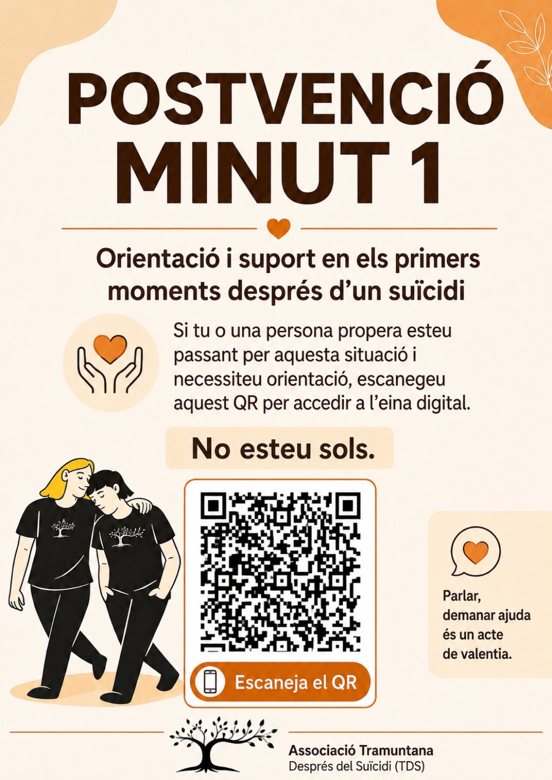Cartell de Postvenció Minut 1 amb QR d’accés a l’app, en català